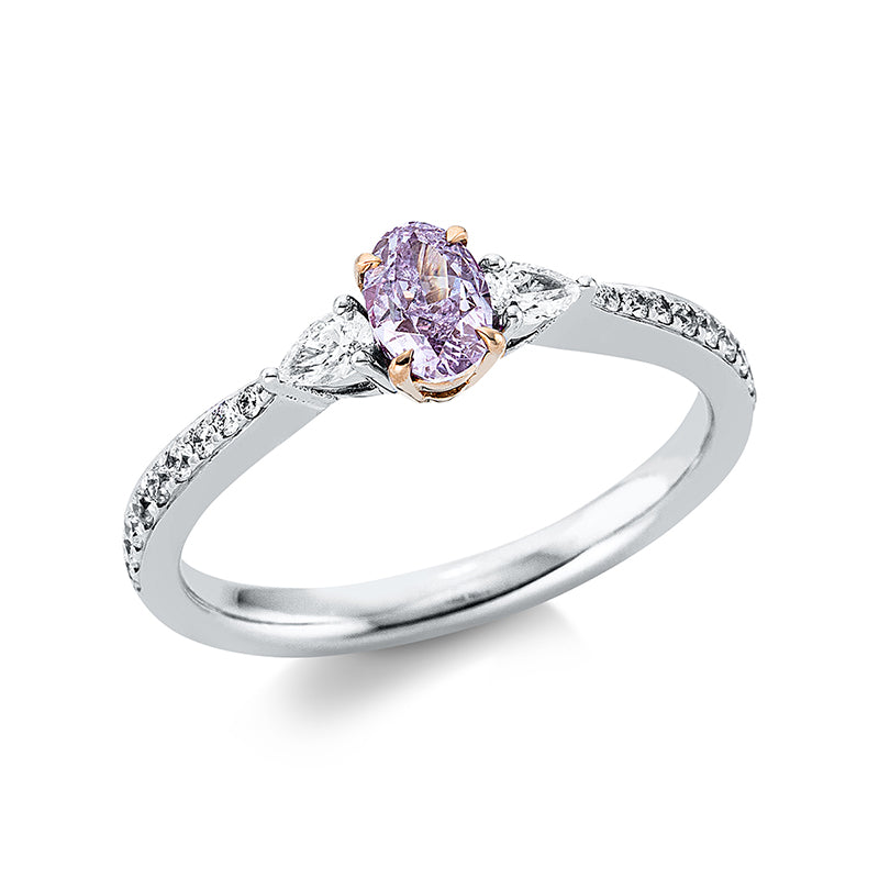 Ring 18 kt WG+RG, 20 Brill. 0,18 ct, TW-si, 2 Tropfen 0,12 ct, F-pi, 1 Oval 0,42 ct, pink-i1