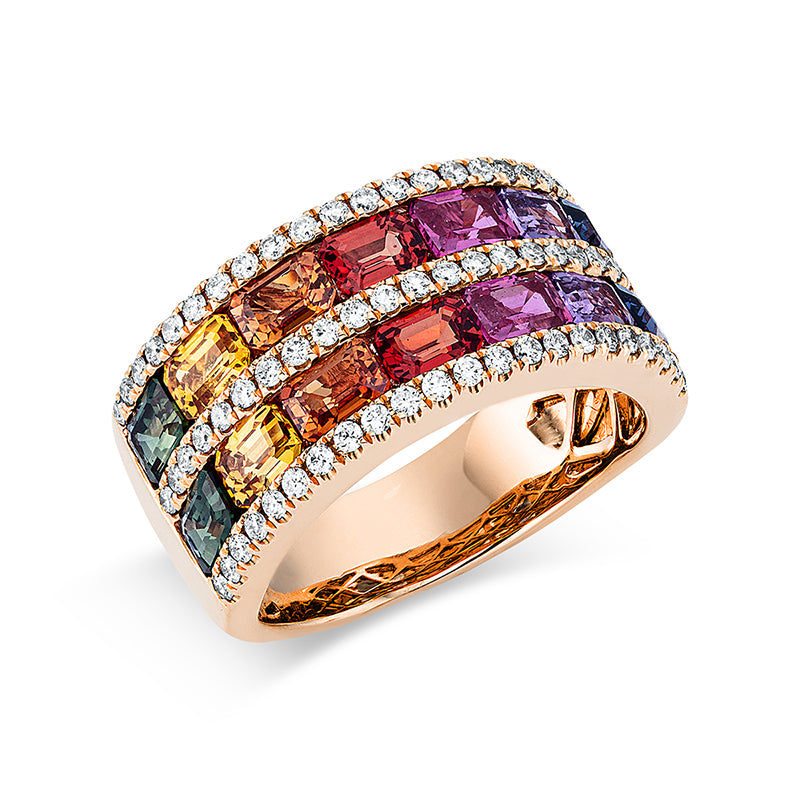 Ring 18 kt RG, 66 Brill. 0,49 ct, TW-si, 14 Saphire 3,66 ct fancy