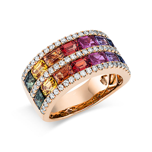 Ring 18 kt RG, 66 Brill. 0,51 ct, TW-si, 14 Saphire 3,65 ct multicolor