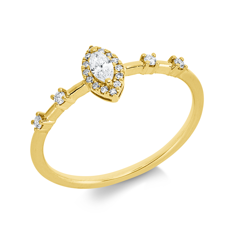 Ring 18 kt GG, 14 Dia. 0,03 ct, W-si, 4 Dia. 0,05 ct, W-si, 1 Nav. 0,09 ct, TW-si, 14 Dia. 0,03 ct, W-si