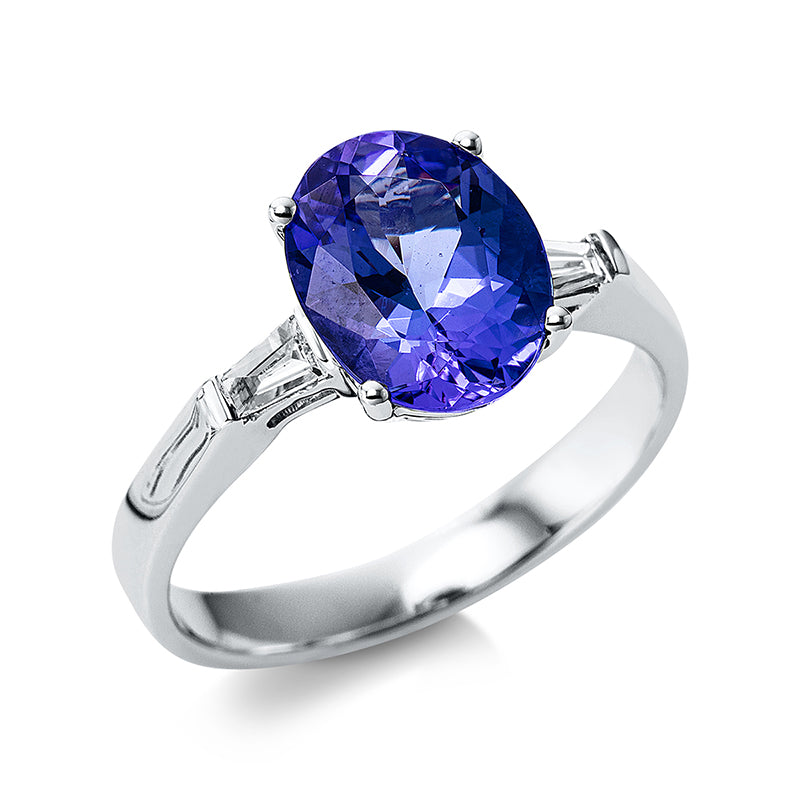 Ring 14 kt WG, 2 Trap. 0,14 ct, TW-si, 1 Tansanit 3,15 ct blau