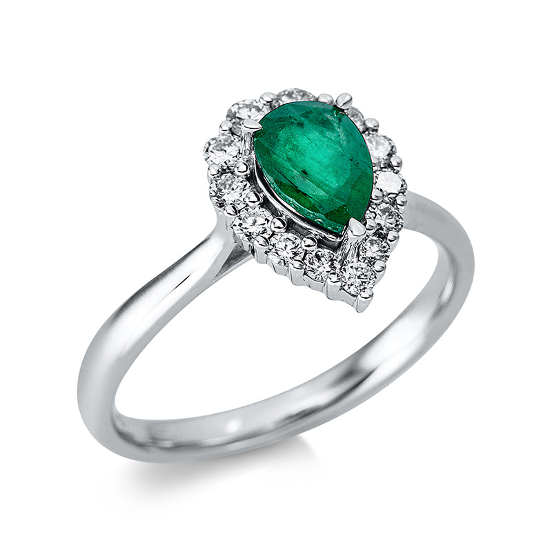 Ring 18 kt WG, 13 Brill. 0,35 ct, TW-si, 1 Smaragd 0,62 ct grün