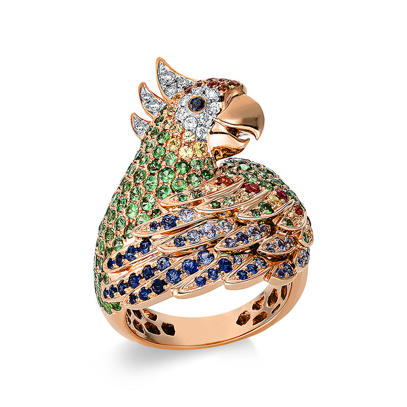 Ring 18 kt RG+WG, 28 Brill. 0,26 ct, TW-vsi, 2 Brill. 0,03 ct, schwarz, 86 Saphire 1,13 ct multicolor, 108 Tsavorith 1,89 ct grün