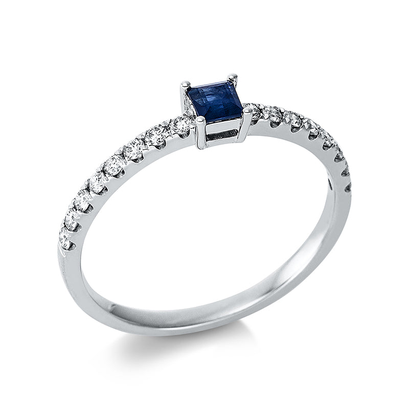 Ring 18 kt WG, 16 Brill. 0,22 ct, W-si, 1 Saphir 0,18 ct blau