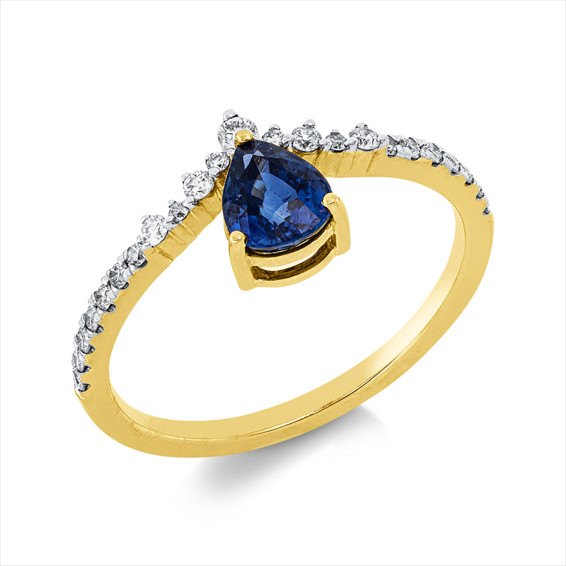 Ring 18 kt GG+WG, 23 Brill. 0,20 ct, W-pi, 1 Saphir 0,75 ct blau