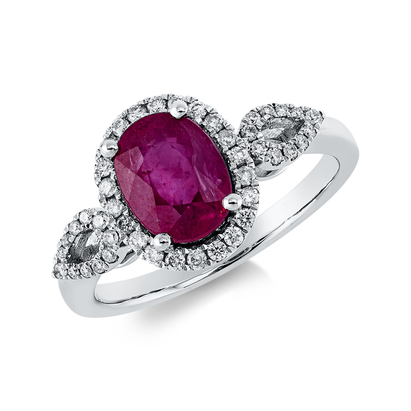 Ring 18 kt WG, 44 Brill. 0,25 ct, W-pi, 1 Rubin 2,09 ct rot