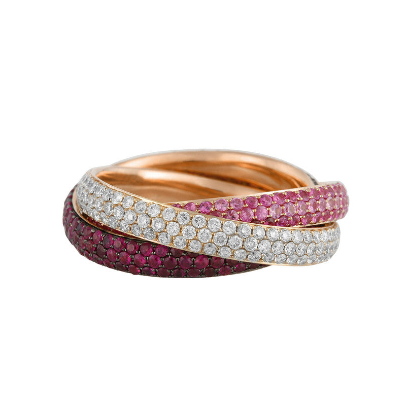 Ring 18 kt RG, teils schwarz rhodiniert, 159 Brillanten 1,13 ct, TW-vsi, 159 Saphire 1,25 ct pink, 159 Rubine 1,39 ct