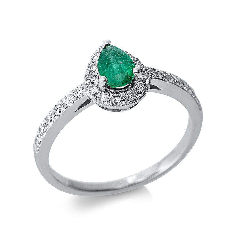 Ring 18 kt WG, 25 Brill. 0,41 ct, TW-si, 1 Smaragd 0,34 ct grün