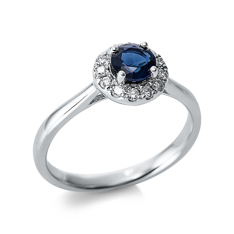 Ring 18 kt WG, 13 Brill. 0,17 ct, TW-si, 1 Saphir 0,62 ct blau
