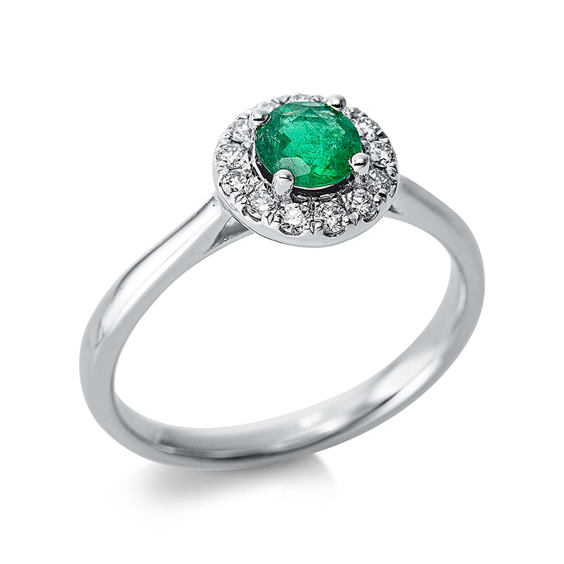 Ring 18 kt WG, 13 Brill. 0,17 ct, TW-si, 1 Smaragd 0,47 ct grün