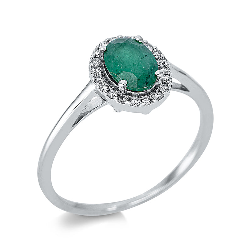 Ring 18 kt WG, 20 Brill. 0,10 ct, TW-si, 1 Smaragd 0,74 ct grün