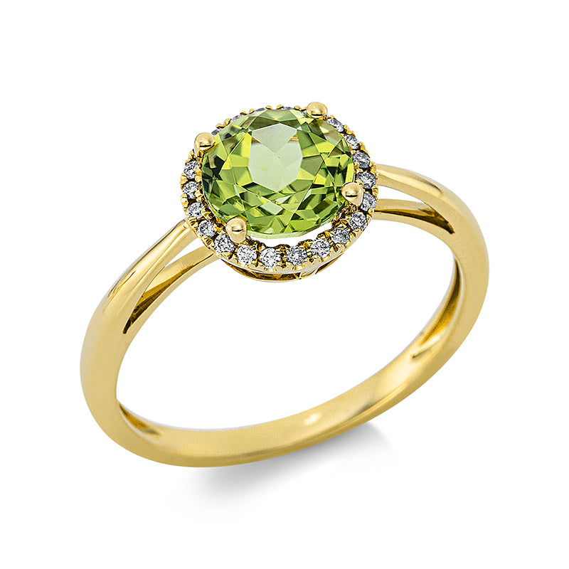 Ring 18 kt GG, 22 Brill. 0,10 ct, TW-si, 1 Peridot 1,60 ct grün