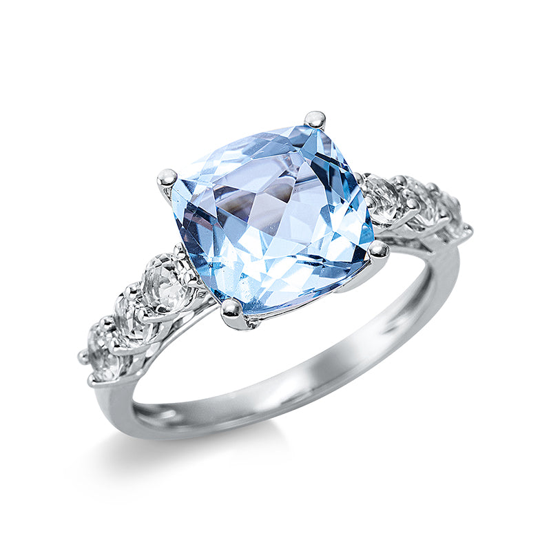 Ring 18 kt WG, 1 Topas 4,50 ct sky blue, 6 Topase 0,80 ct sky blue