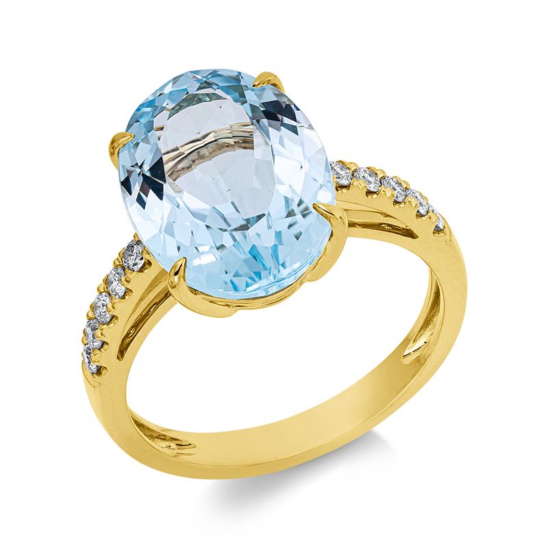 Ring 18 kt GG, 10 Brill. 0,20 ct, TW-si, 1 Topas 8,10 ct sky blue