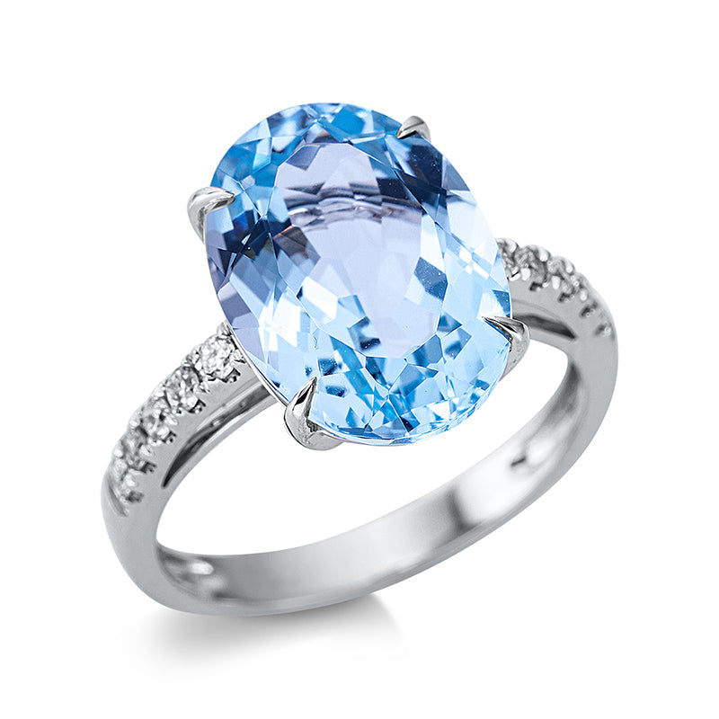 Ring 18 kt WG, 10 Brill. 0,20 ct, TW-si, 1 Topas 8,10 ct sky blue
