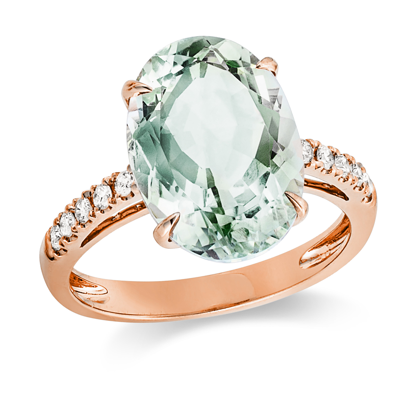 Ring 18 kt RG, 10 Brill. 0,20 ct, TW-si, 1 Amethyst 5,60 ct grün