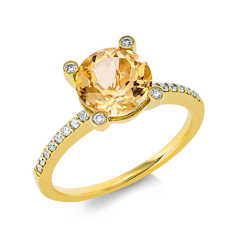 Ring 18 kt GG, 4 Brill. 0,03 ct, TW-si, 32 Brill. 0,19 ct, TW-si, 1 Citrin 1,96 ct gelb
