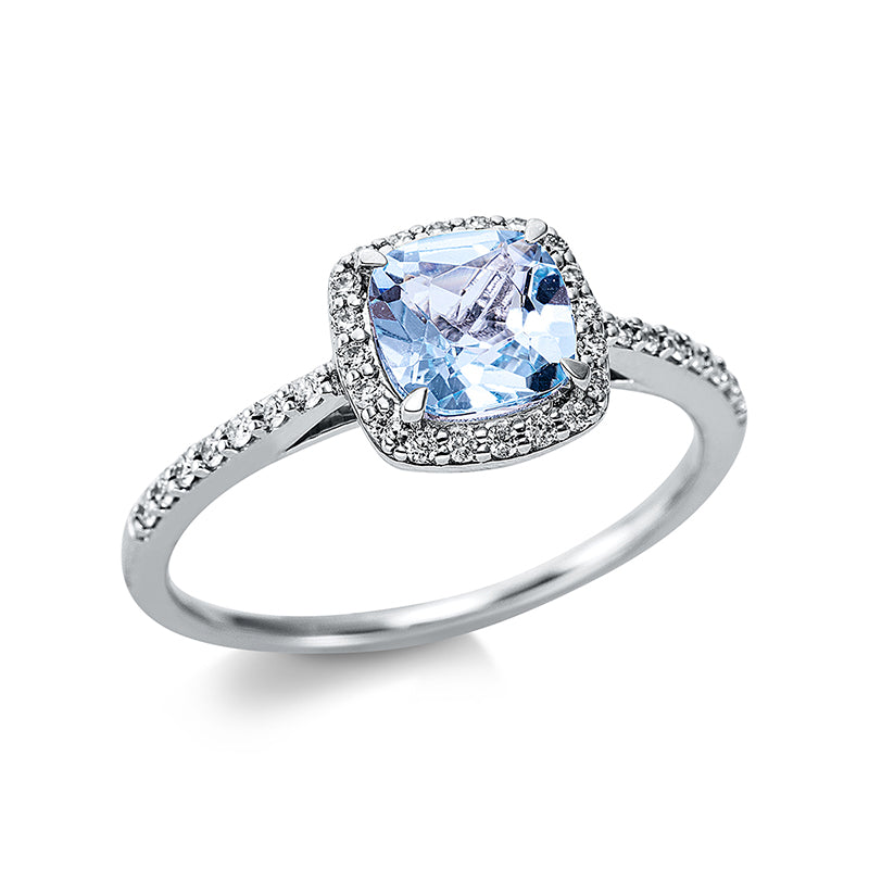 Ring 18 kt WG, 34 Brill. 0,18 ct, TW-si, 1 Topas 0,90 ct sky blue