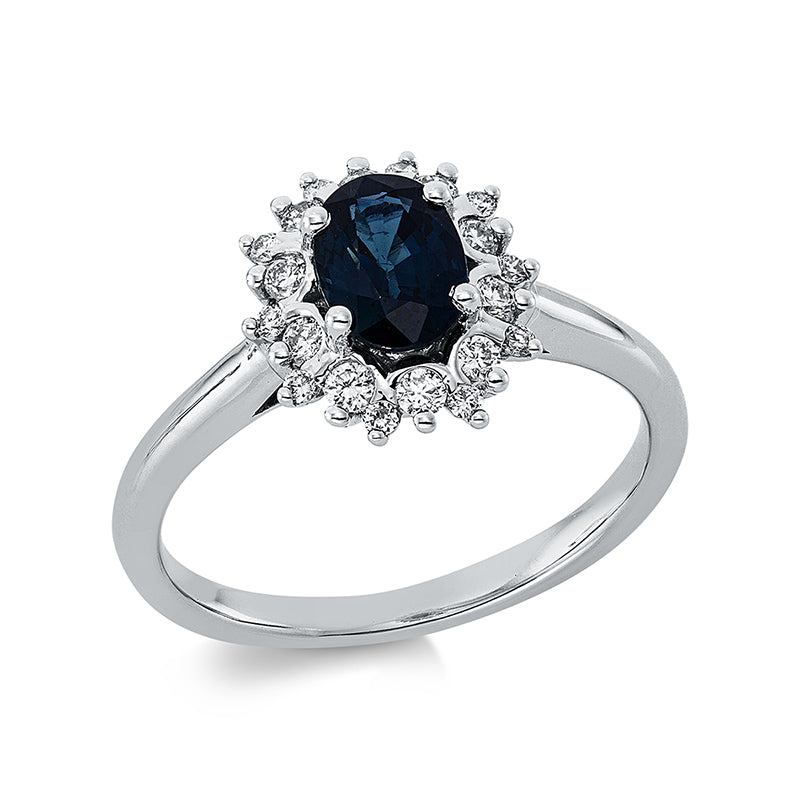 Ring 18 kt WG, 20 Brill. 0,27 ct, TW-si, 1 Saphir 1,01 ct blau