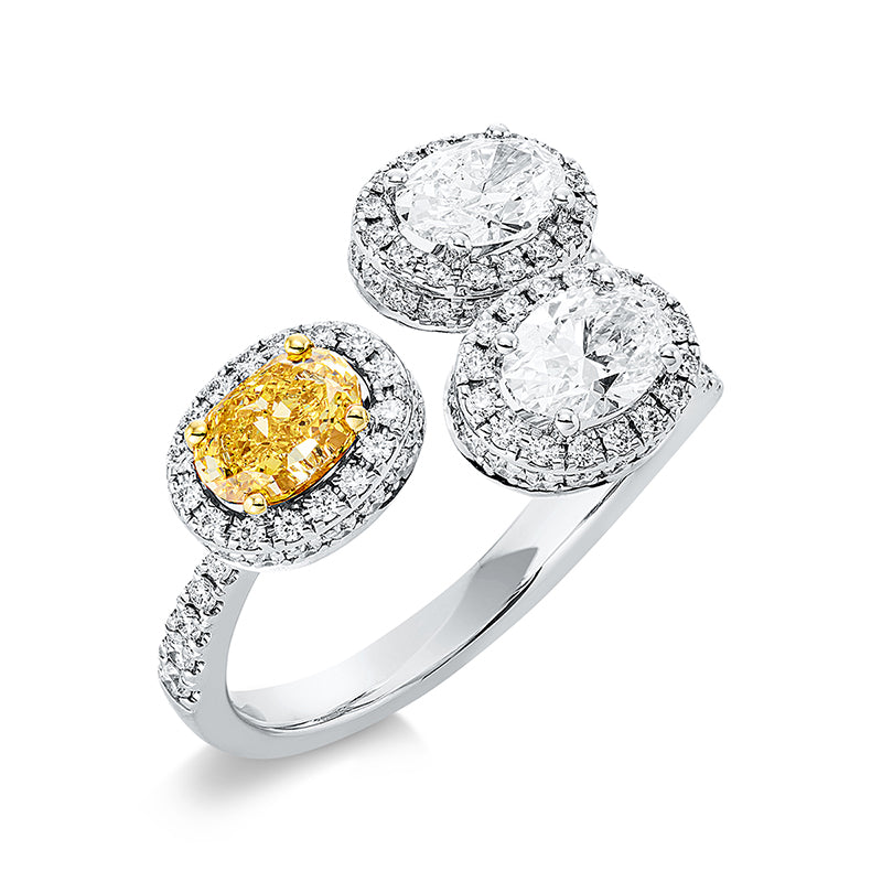 Ring 18 kt WG+GG, GIA, 1 Oval 0,58 ct, gelb-vs2, 2 Oval 0,92 ct, F-vsi/si, 118 Brill. 0,56 ct, D-F-vsi