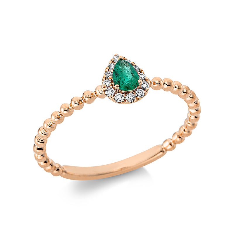Ring 18 kt RG, 12 Brill. 0,05 ct, TW-pi, 1 Smaragd 0,14 ct grün