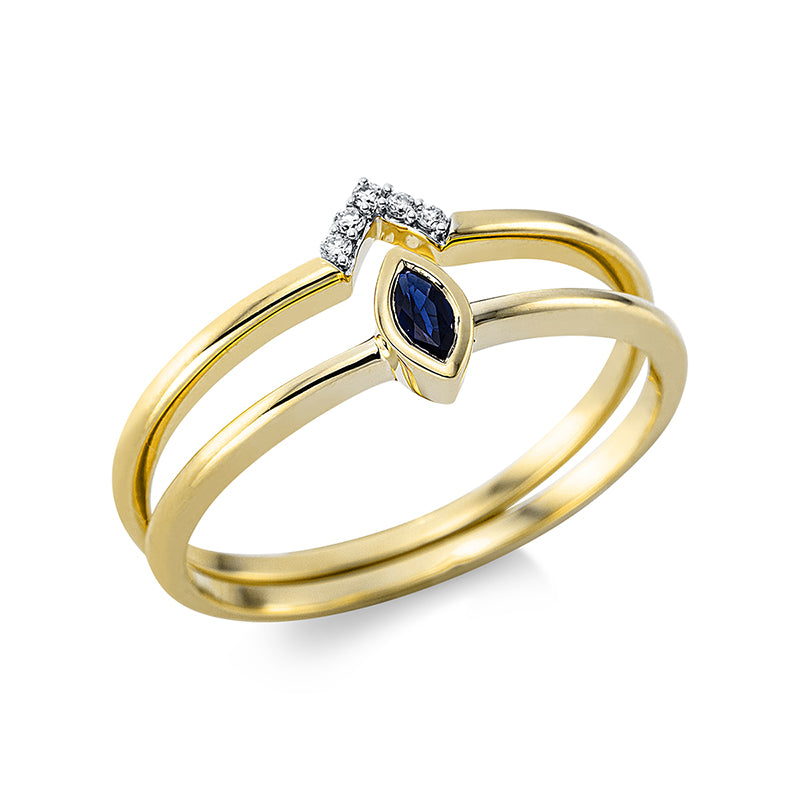 Ring 18 kt GG, Fassung rhodiniert, 5 Brill. 0,02 ct, TW-si, 1 Saphir 0,10 ct blau