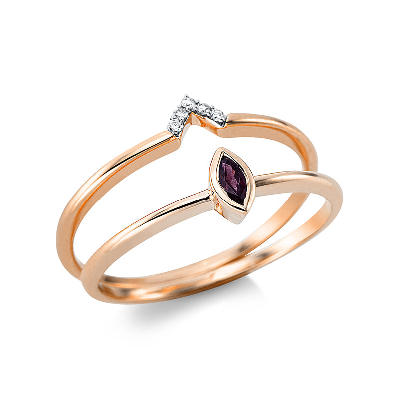 Ring 18 kt RG, Fassung rhodiniert, 5 Brill. 0,02 ct, TW-si, 1 Rubin 0,08 ct rot
