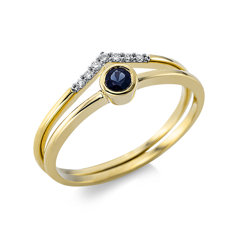 Ring 18 kt GG, Fassung rhodiniert, 7 Brill. 0,04 ct, TW-si, 1 Saphir 0,13 ct blau