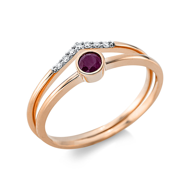 Ring 18 kt RG, Fassung rhodiniert, 7 Brill. 0,04 ct, TW-si, 1 Rubin 0,13 ct rot