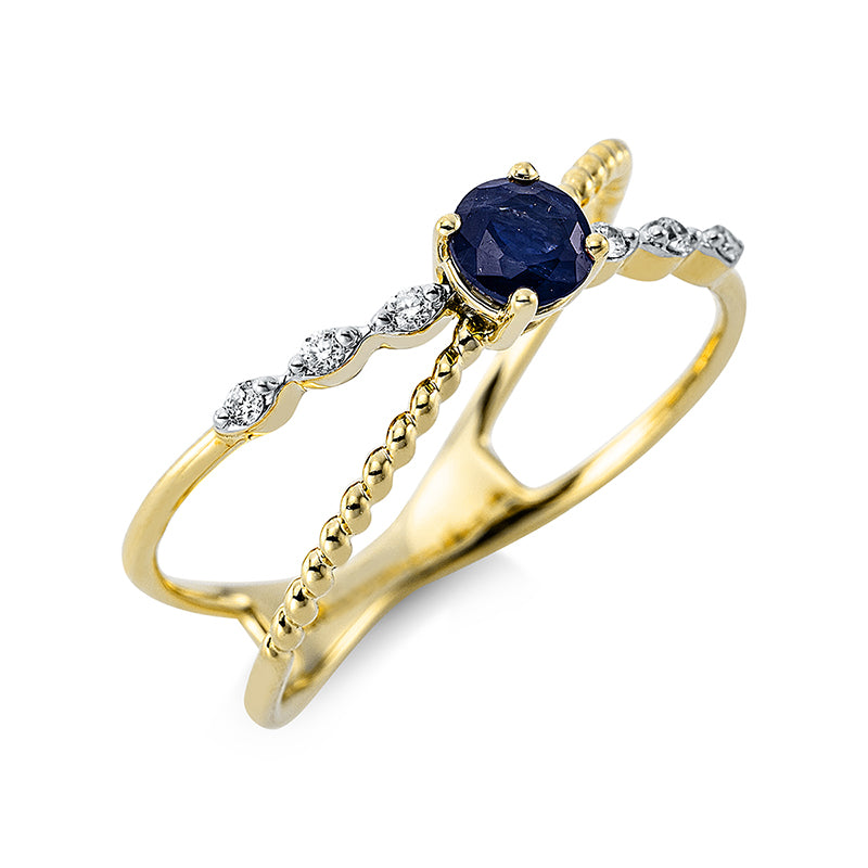Ring 18 kt GG, Fassung rhodiniert, 6 0,05 ct, TW-si, 1 Saphir 0,30 ct blau
