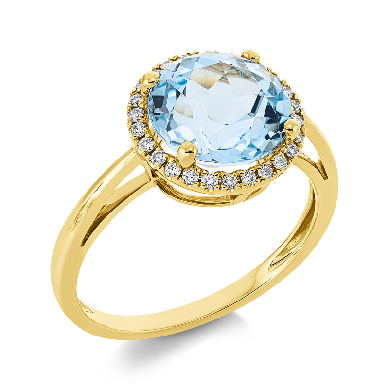 Ring 18 kt GG, 26 Brill. 0,15 ct, TW-si, 1 Topas 3,70 ct sky blue