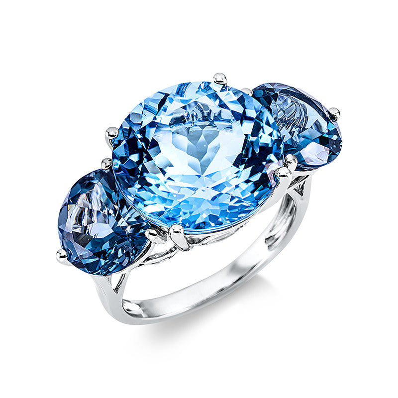 Ring 18 kt WG, 2 Topase 5,10 ct Lond. blue, 1 Topas 13,40 ct blau