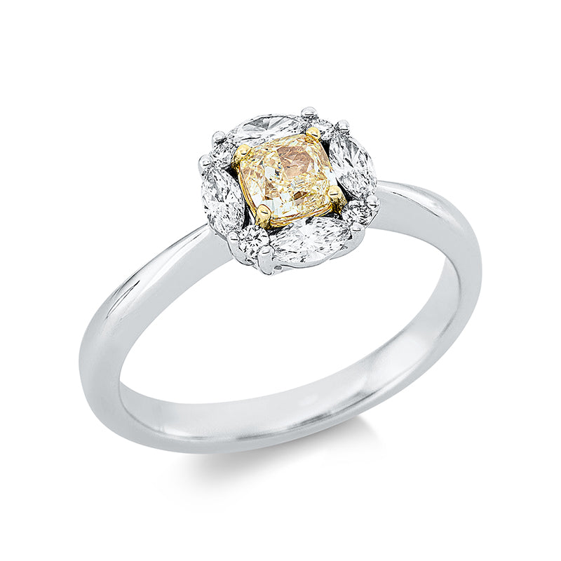 Ring 18 kt WG+GG, 4 Nav. 0,29 ct, TW-vsi, 4 Brill. 0,05 ct, TW-vsi, 1 Cushion 0,52 ct, gelb