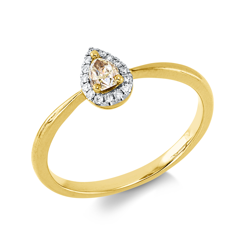 Ring 18 kt GG+WG, 15 Brill. 0,06 ct, TW-si, 1 Tropfen 0,18 ct, gelb