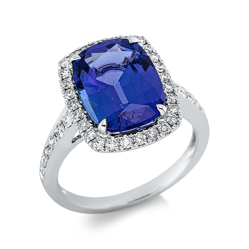 Ring 18 kt WG, 38 Brill. 0,58 ct, TW-si, 1 Tansanit 5,10 ct blau