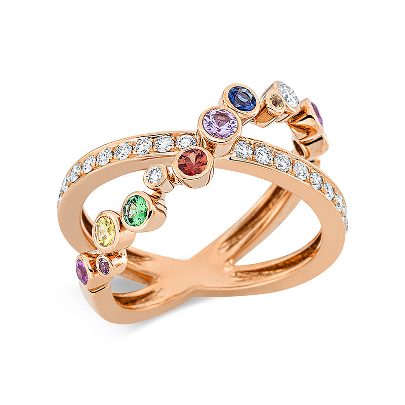 Ring 18 kt RG, 20 Brill. 0,33 ct, TW-vsi, 11 Farbsteine 0,54 ct multicolor
