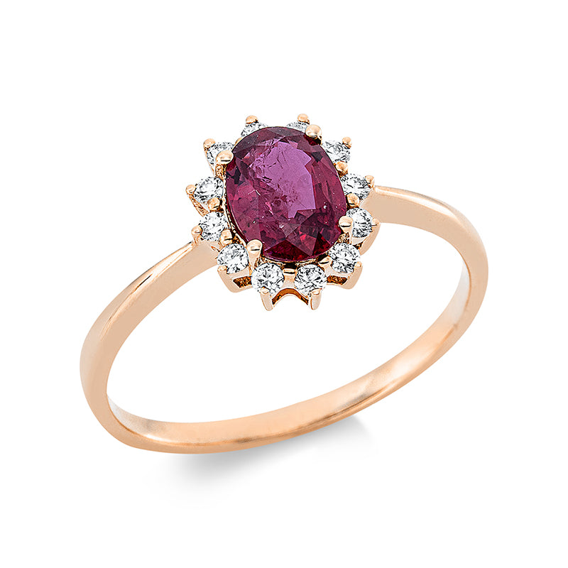 Ring 18 kt RG, 12 Brill. 0,14 ct, TW-si, 1 Rubin 0,86 ct rot