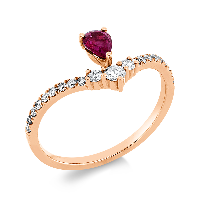 Ring 18 kt RG, 1 Brill. 0,07 ct, W-pi, 20 Brill. 0,19 ct, W-pi, 1 Rubin 0,36 ct rot