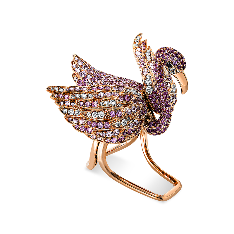 Ring 18 kt RG, 56 Brill. 0,74 ct, TW-vsi/si, 2 Brill. 0,02 ct, schwarz, 424 Saphire 7,05 ct pink