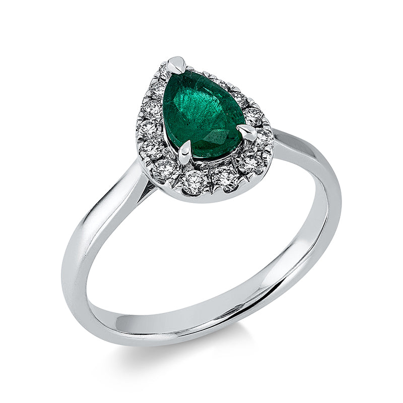 Ring 18 kt WG, 14 Brill. 0,24 ct, TW-si, 1 Smaragd 0,74 ct grün