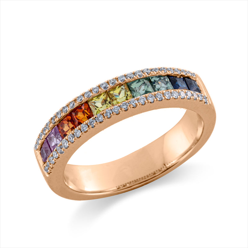 Ring 18 kt RG, 50 Brill. 0,20 ct, TW-si, 10 Saphire 1,17 ct fancy