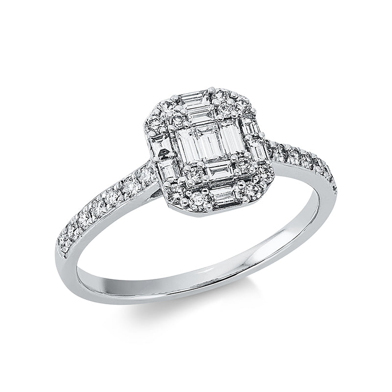 Ring 18 kt WG, 8 Bag. 0,16 ct, TW-si, 3 Bag. 0,13 ct, TW-si, 26 Brill. 0,28 ct, TW-si