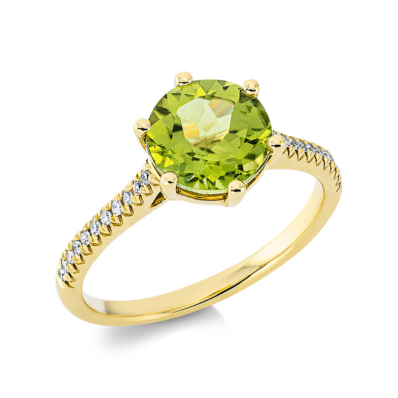 Ring 18 kt GG, 22 Dia. 0,09 ct, TW-si, 1 Peridot 2,10 ct grün
