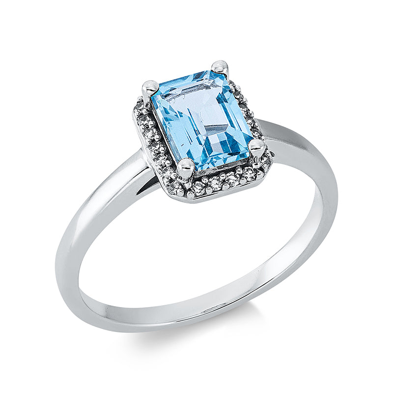 Ring 18 kt WG, 22 Dia. 0,09 ct, TW-si, 1 Topas 1,21 ct blau