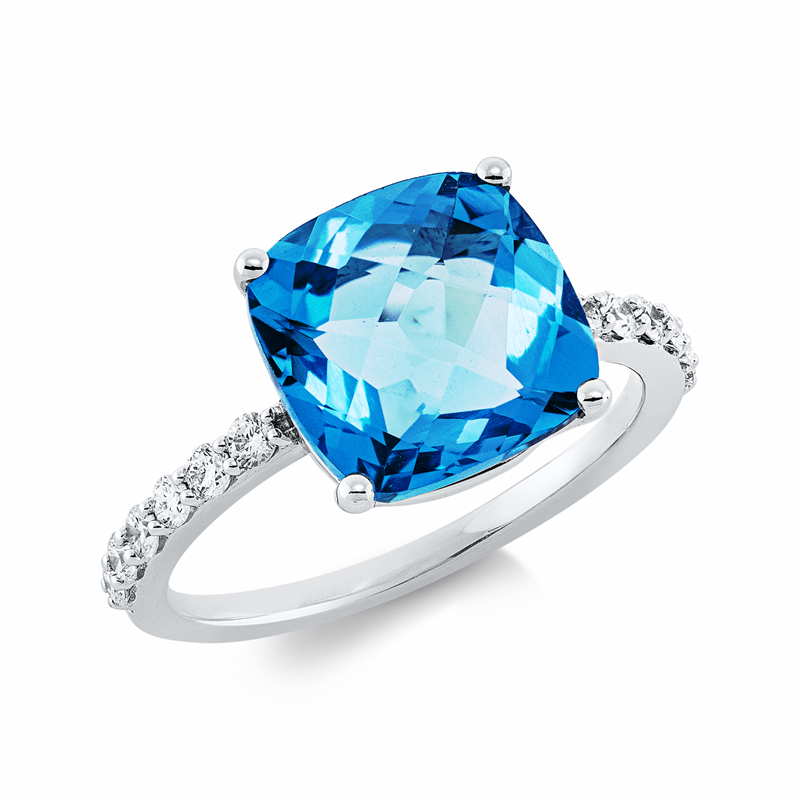 Ring 18 kt WG, 12 Brill. 0,25 ct, TW-si, 1 Topas 4,17 ct blau
