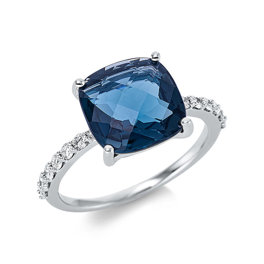 Ring 18 kt WG, 12 Brill. 0,25 ct, TW-si, 1 Topas 5,07 ct Lond. blue