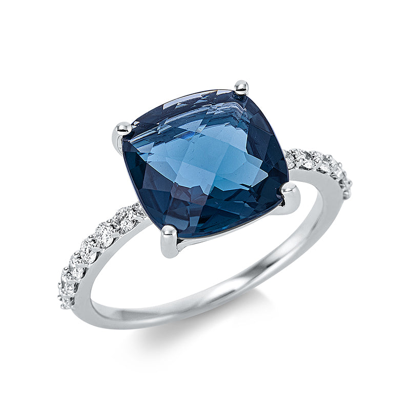 Ring 18 kt WG, 12 Brill. 0,26 ct, TW-si, 1 Topas 4,18 ct Lond. blue