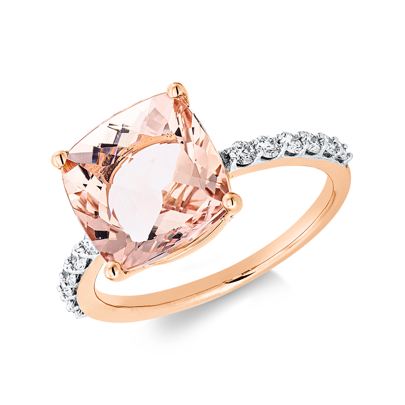 Ring 18 kt RG, Fassung rhodiniert, 12 Brill. 0,25 ct, TW-si, 1 Morganit 4,14 ct rosa