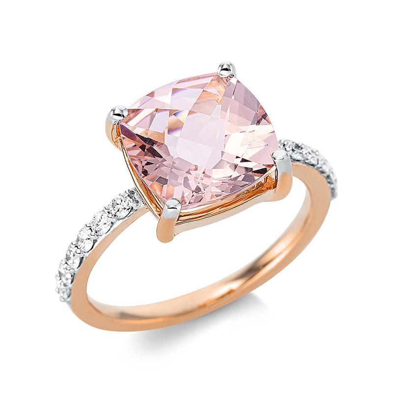 Ring 18 kt RG, Fassung rhodiniert, 12 Brill. 0,25 ct, TW-si, 1 Morganit 3,93 ct rosa