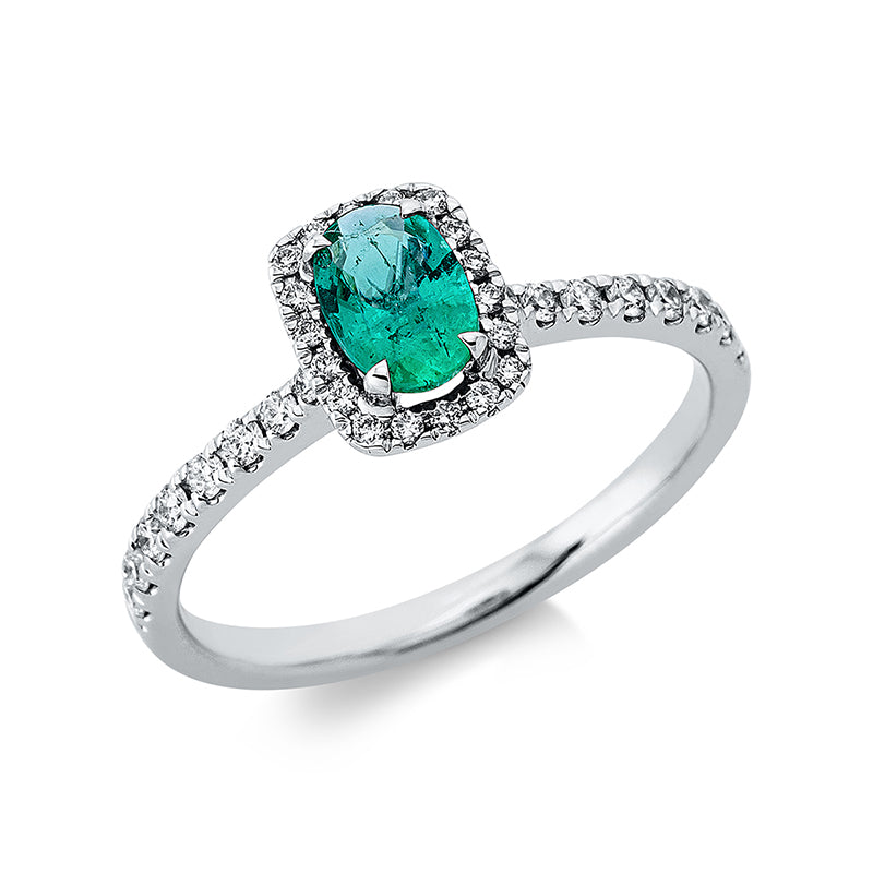 Ring 18 kt WG, 34 Brill. 0,24 ct, TW-si, 1 Smaragd 0,46 ct grün